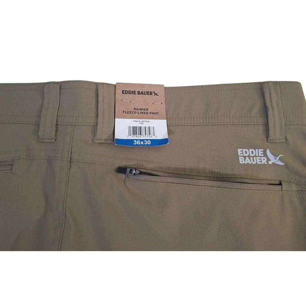 Eddie Bauer Rainier Fleece Lined Pants Mens 36x30 Tan Nylon Spandex Hiking NEW